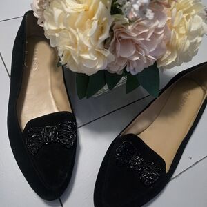 Talbots Black Flats with Beaded Bow Accent
